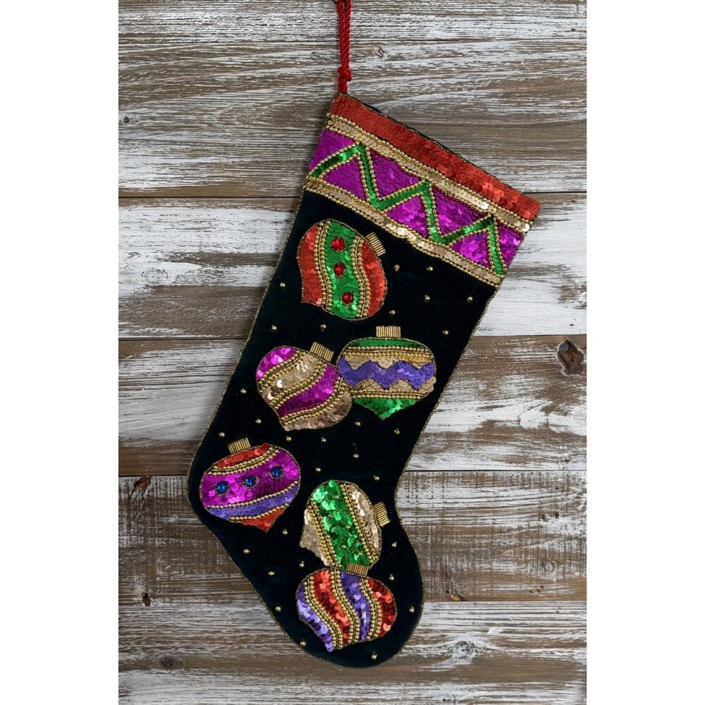 Green VELVET Plush SEQUIN Ornaments CHRISTMAS STOCKING BEAUTIFUL 18" Vintage